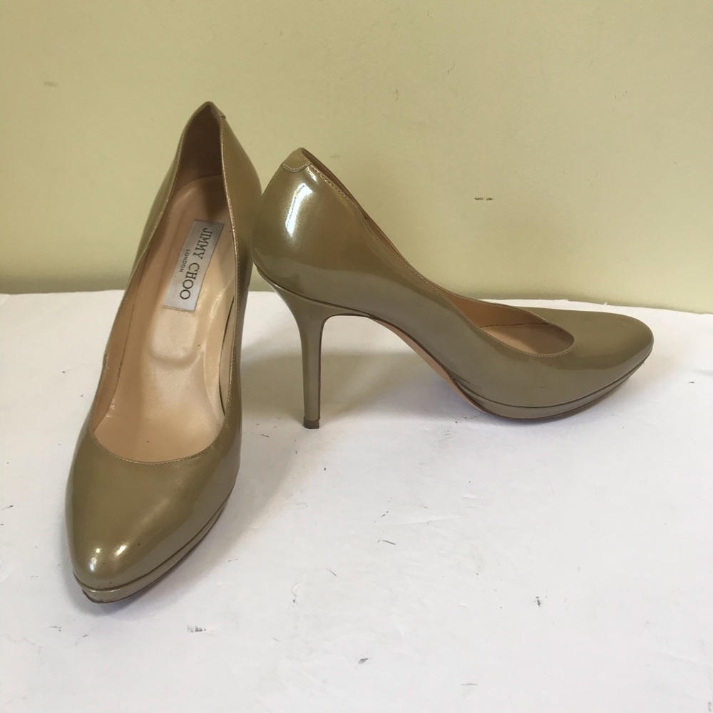 Jimmy Choo Patent Beige Platform Heels Pumps Shoes Almond Toe Wedge Heel Sexy - Picture 4 of 16